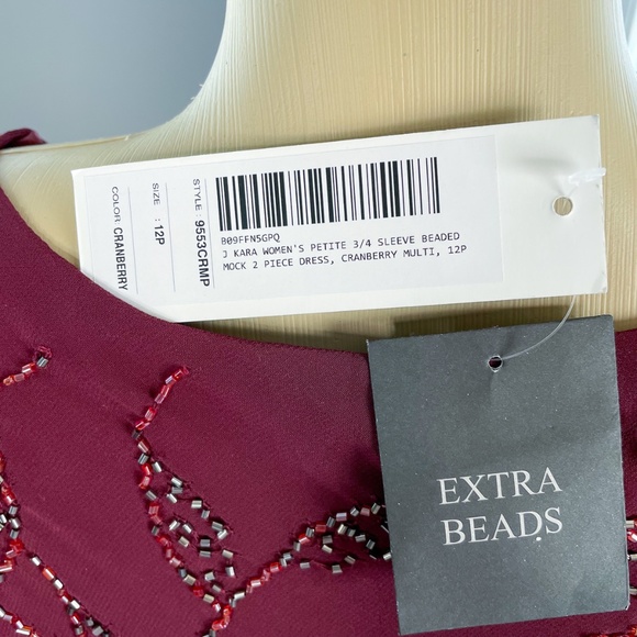 J Kara Women's 3/4 Sleeve Beaded Mock 2 Piece Dress Cranberry/Multi 12P - Picture 5 of 12